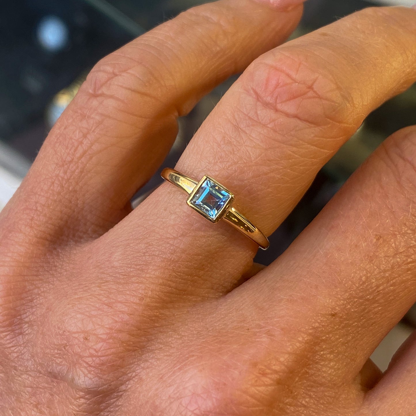 9ct Gold Square Solitaire Ring - Blue Topaz - John Ross Jewellers