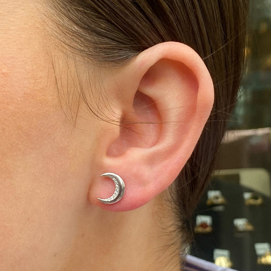 Silver CZ Crescent Moon Stud Earrings - John Ross Jewellers