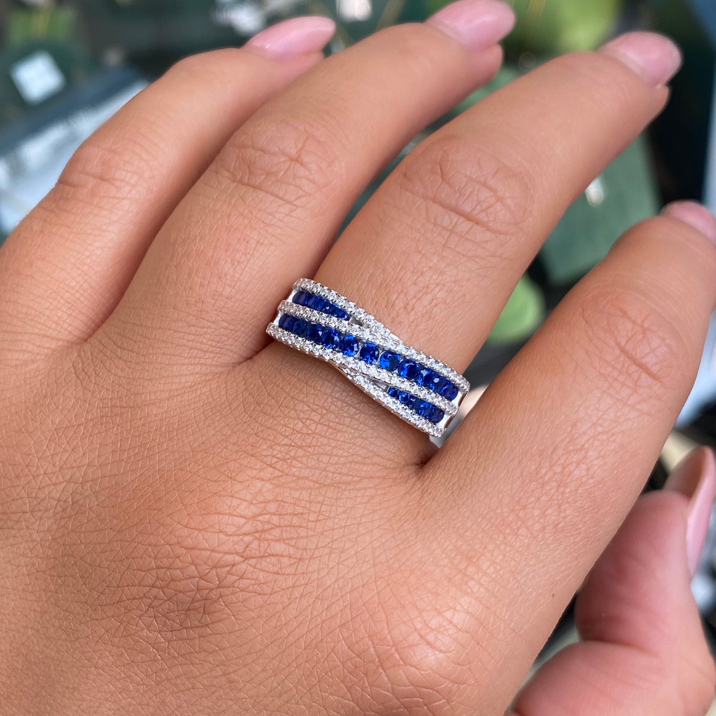 Silver CZ Crossover Ring | Sapphire Blue