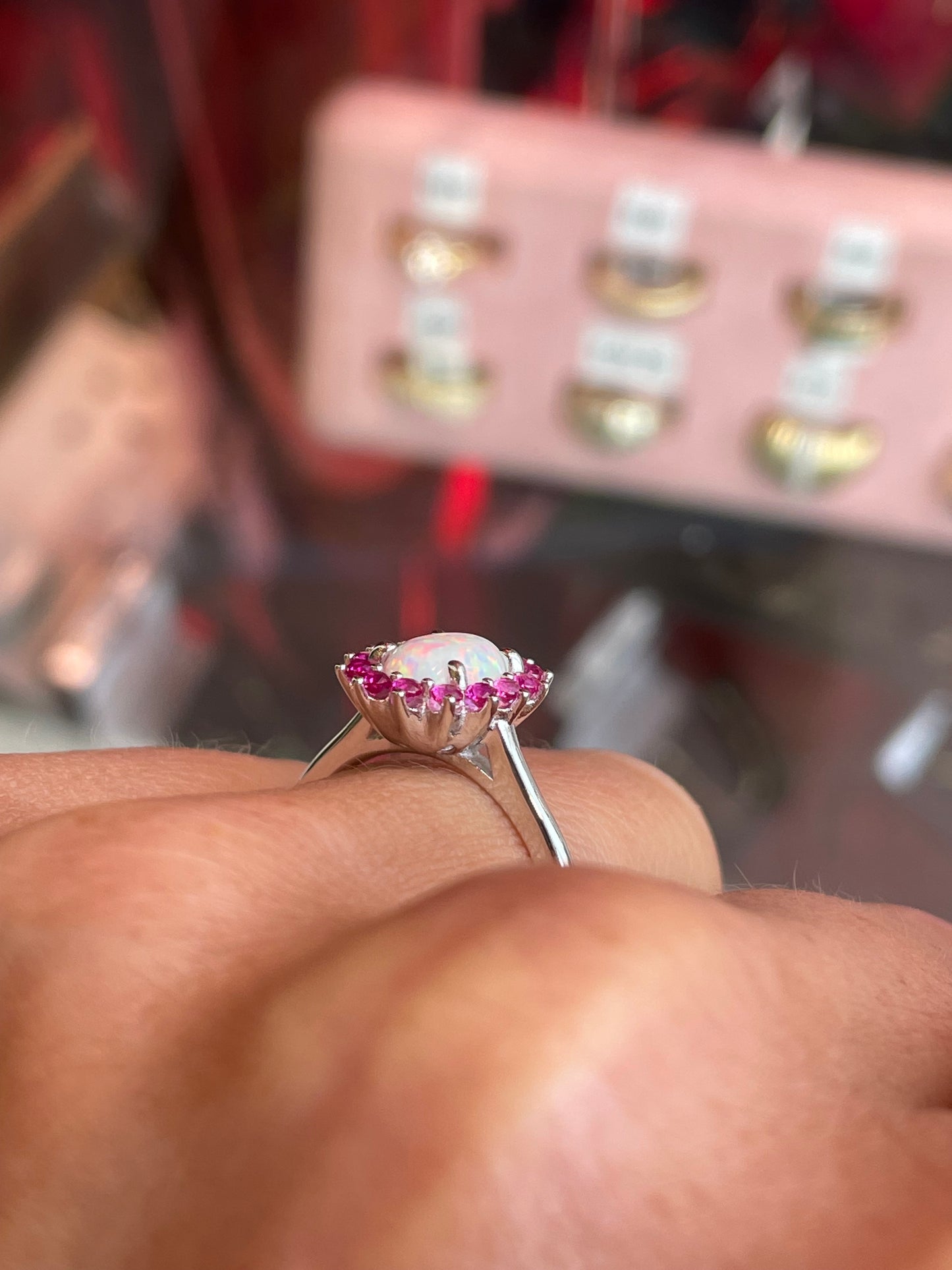 Silver Oval Diana Cluster Ring | Opalique & Ruby Red - John Ross Jewellers