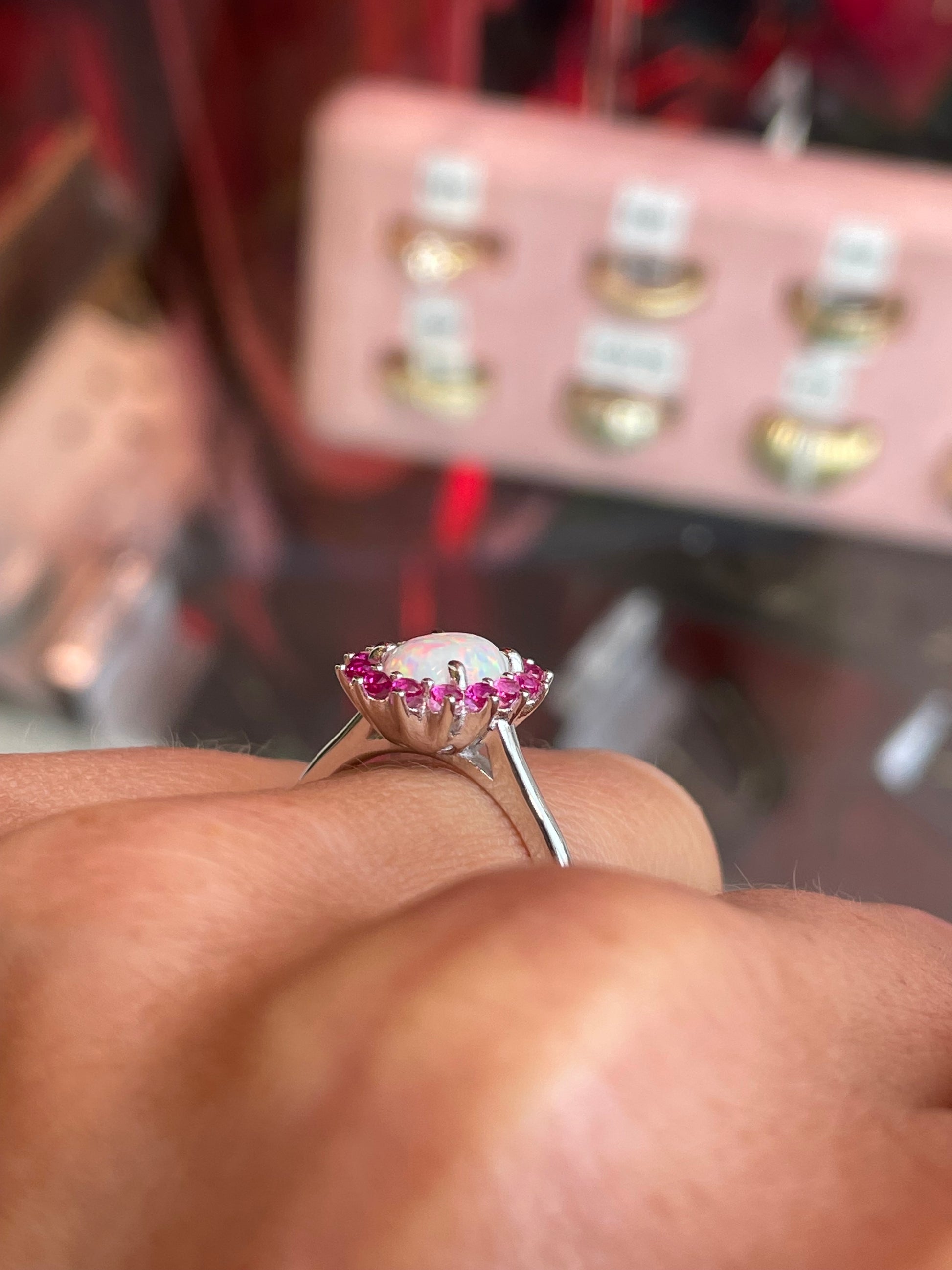 Silver Oval Diana Cluster Ring | Opalique & Ruby Red - John Ross Jewellers