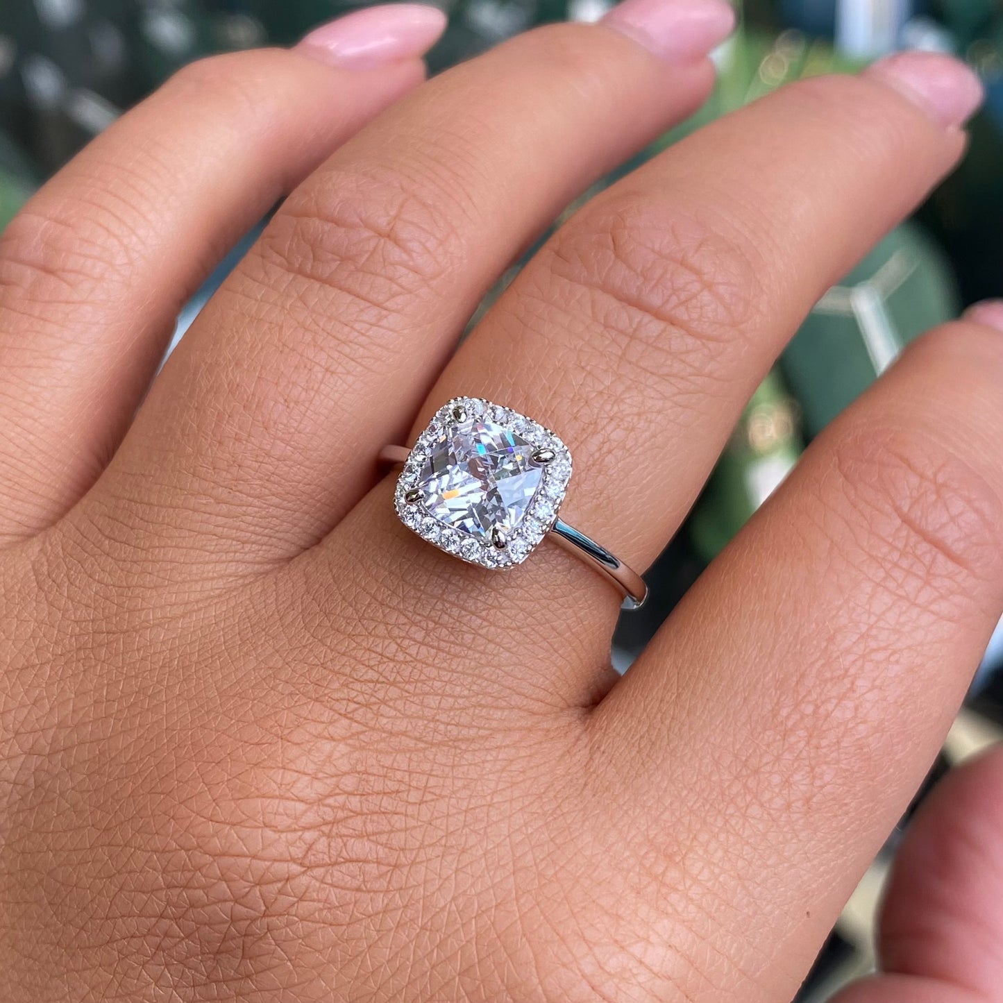 Silver Cushion Halo CZ Ring