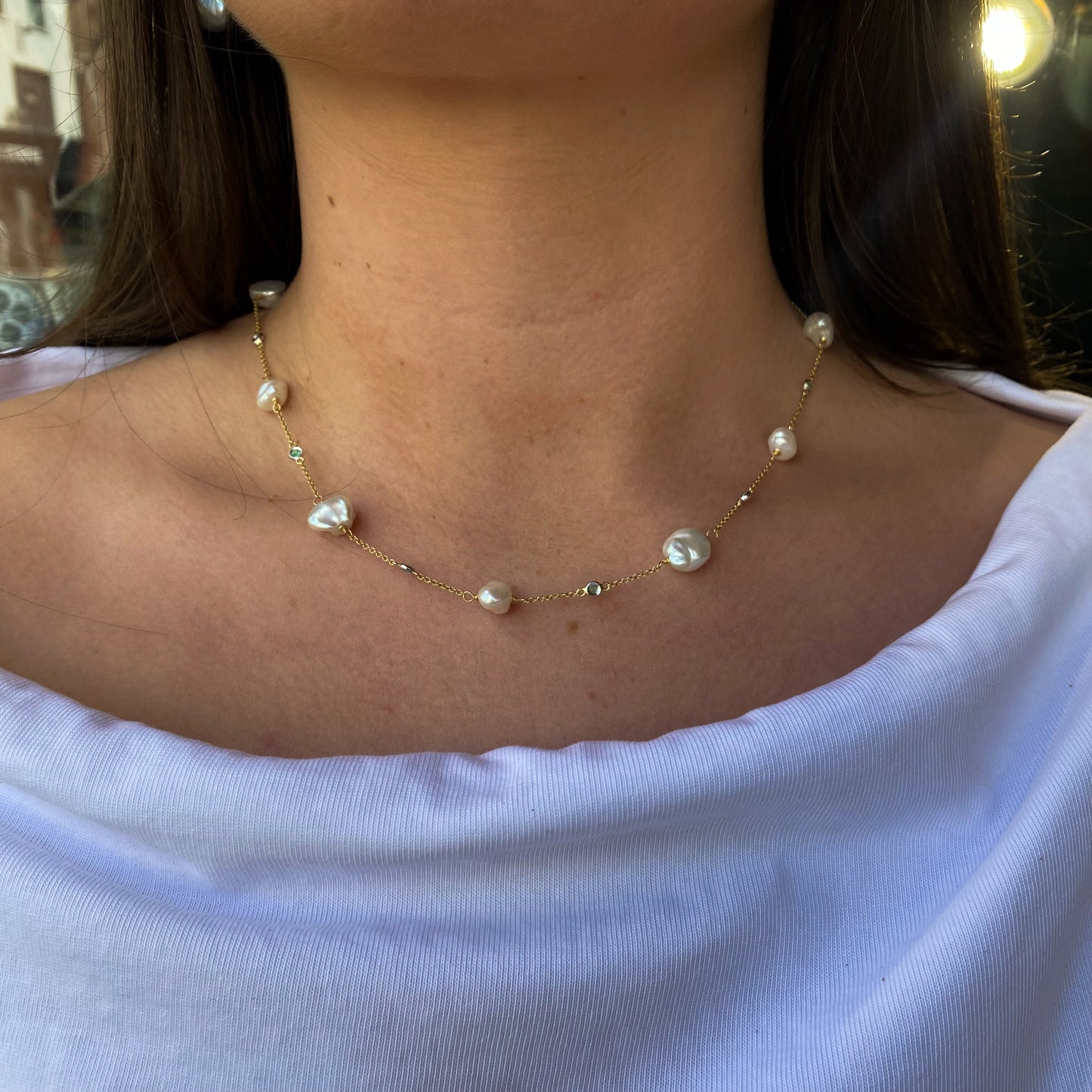 18ct Gold Meg Keshi Pearl & Emerald Necklace - John Ross Jewellers