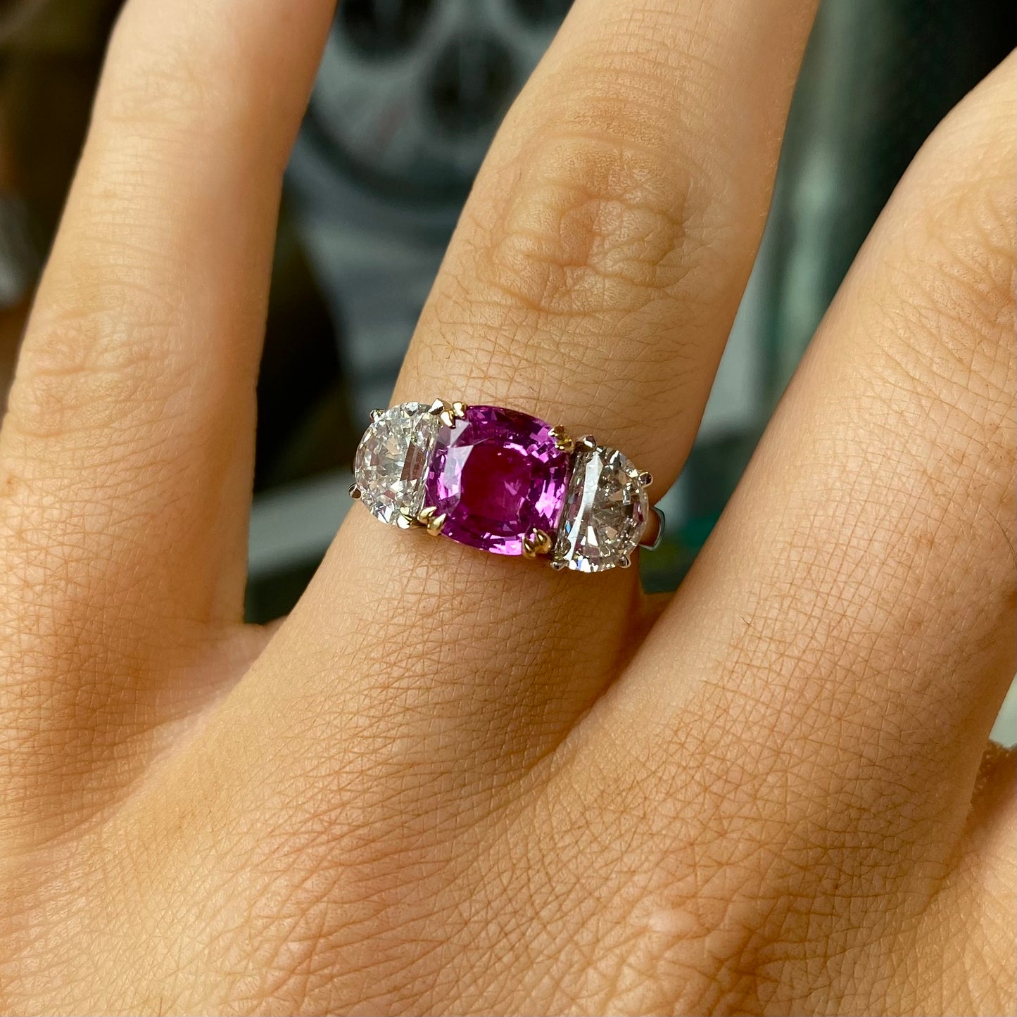 18ct White Gold Pink Sapphire & Half Moon Trilogy Ring | Certificated - John Ross Jewellers