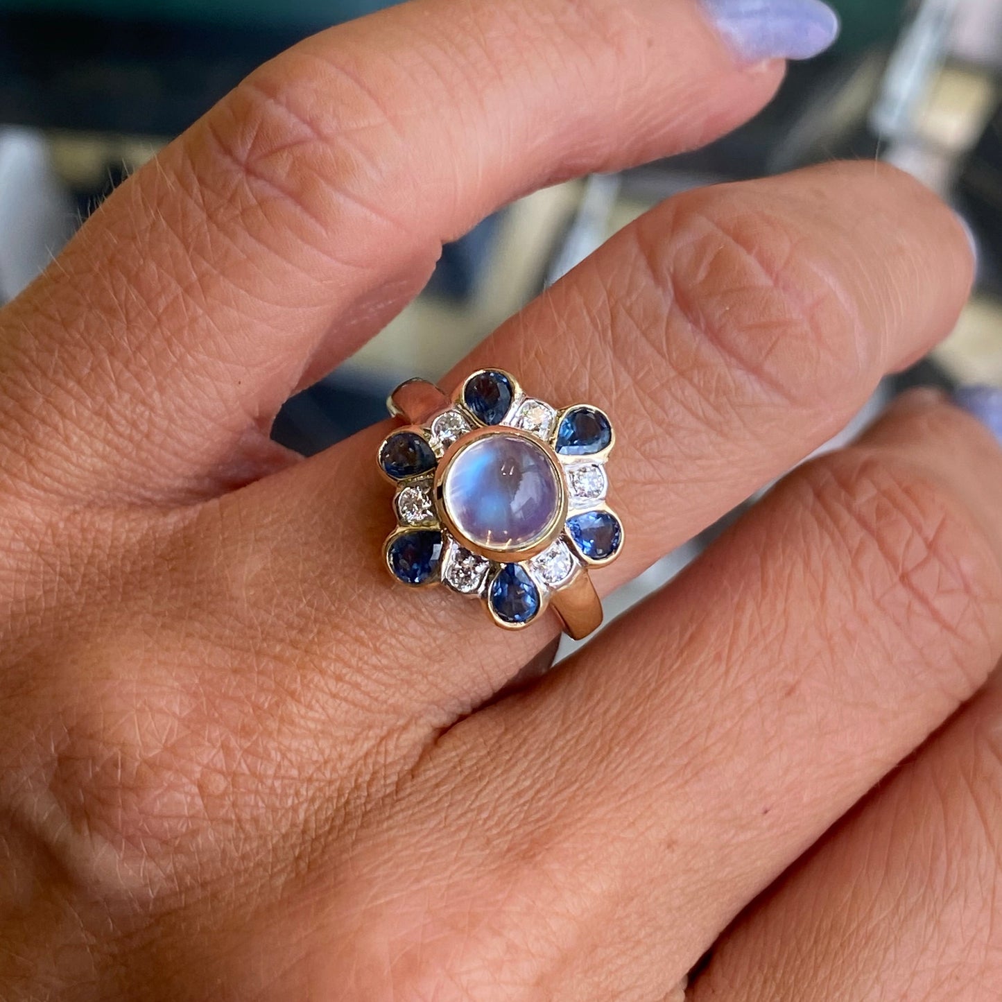 9ct Gold Rainbow Blue Moonstone, Sapphire & Diamond Ring