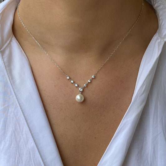 Silver CZ Pearl Drop Necklace