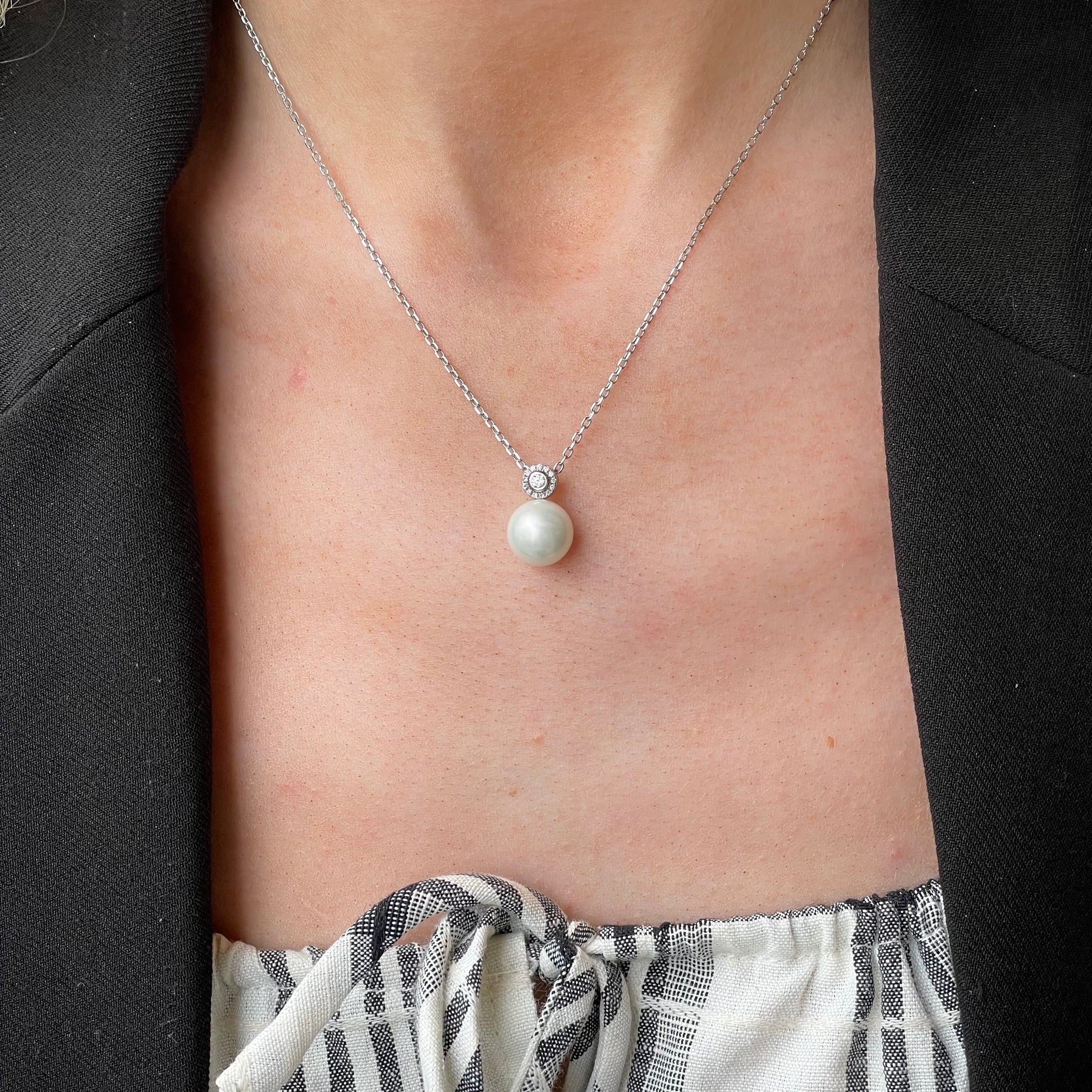 Silver 10mm Shell Pearl & CZ Necklace | 40+5cm - John Ross Jewellers