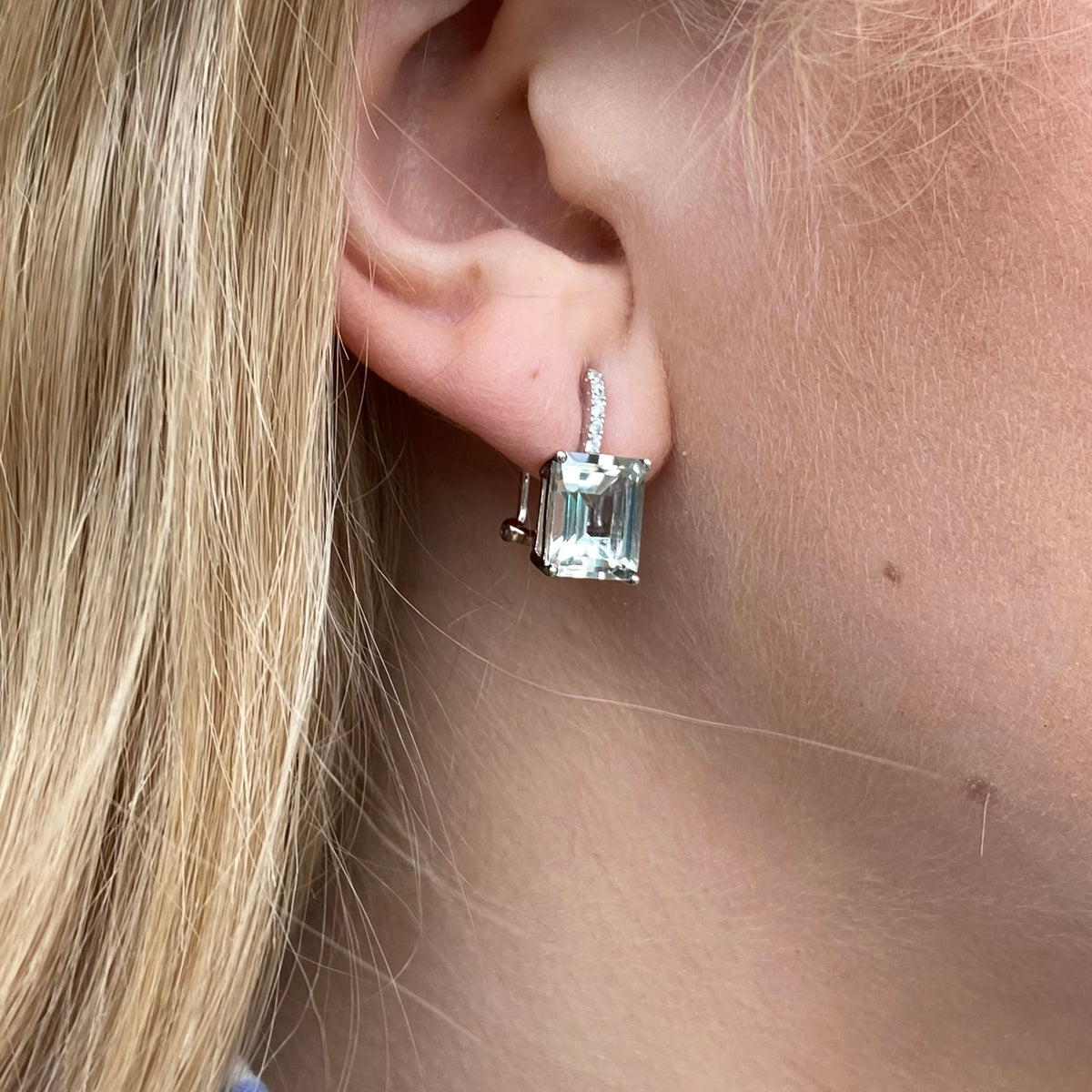 Silver Green Amethyst Emerald Cut Clip Stud Earrings