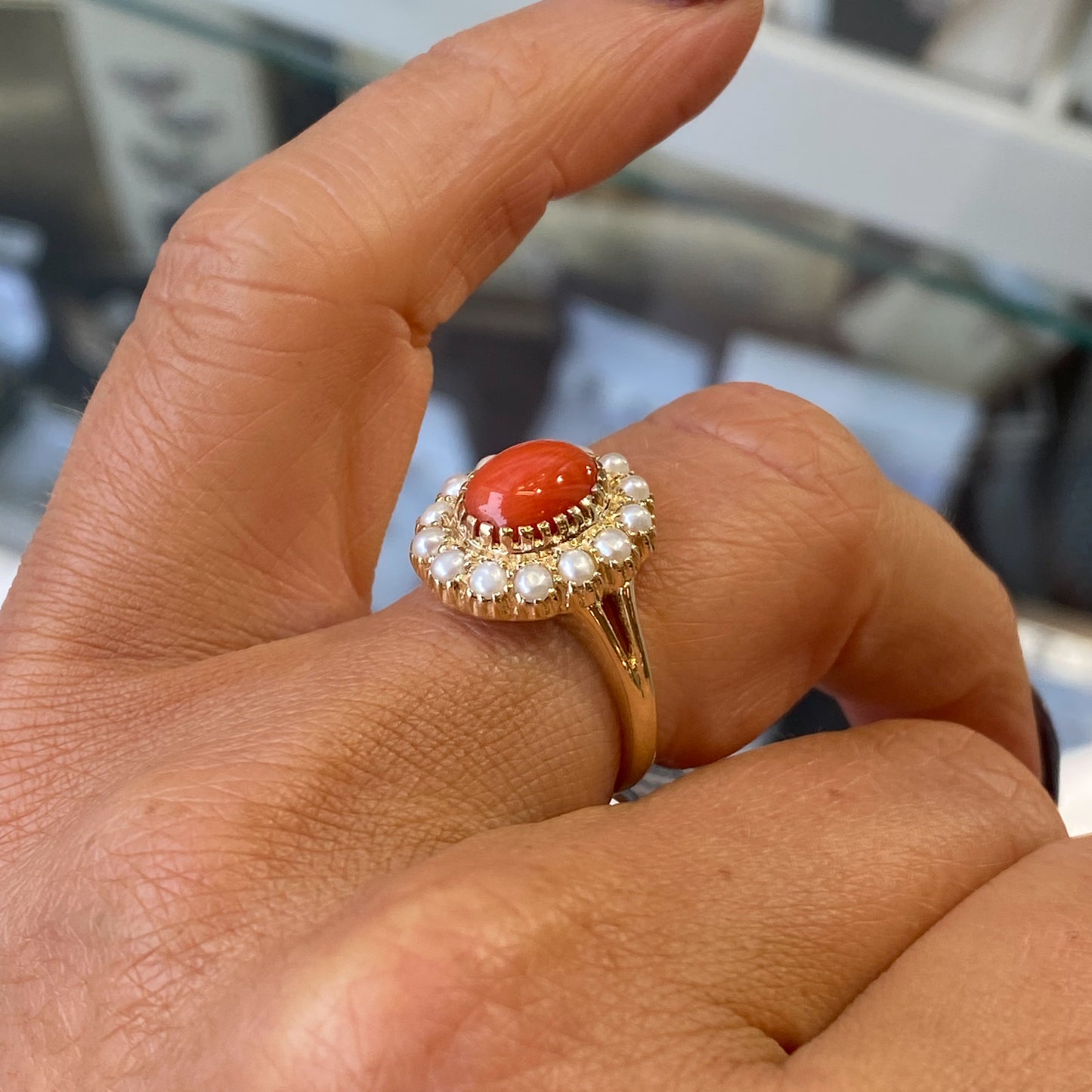 9ct Gold Coral & Pearl Oval Cluster Ring