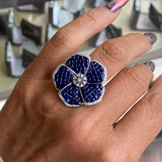 Silver CZ Statement Flower Ring | Sapphire Ring