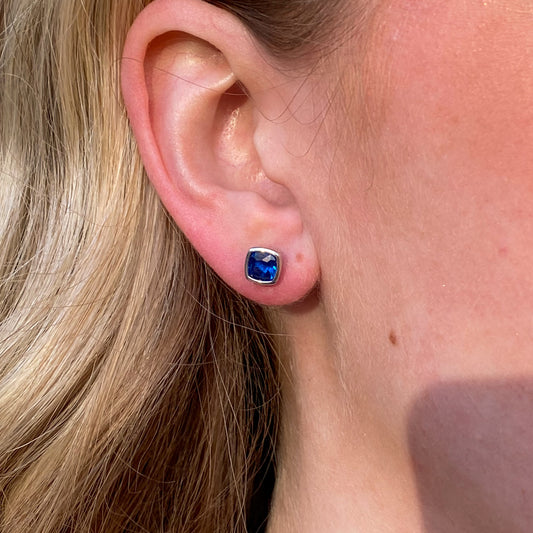 Silver Cushion Stud Earrings | Sapphire Blue - John Ross Jewellers