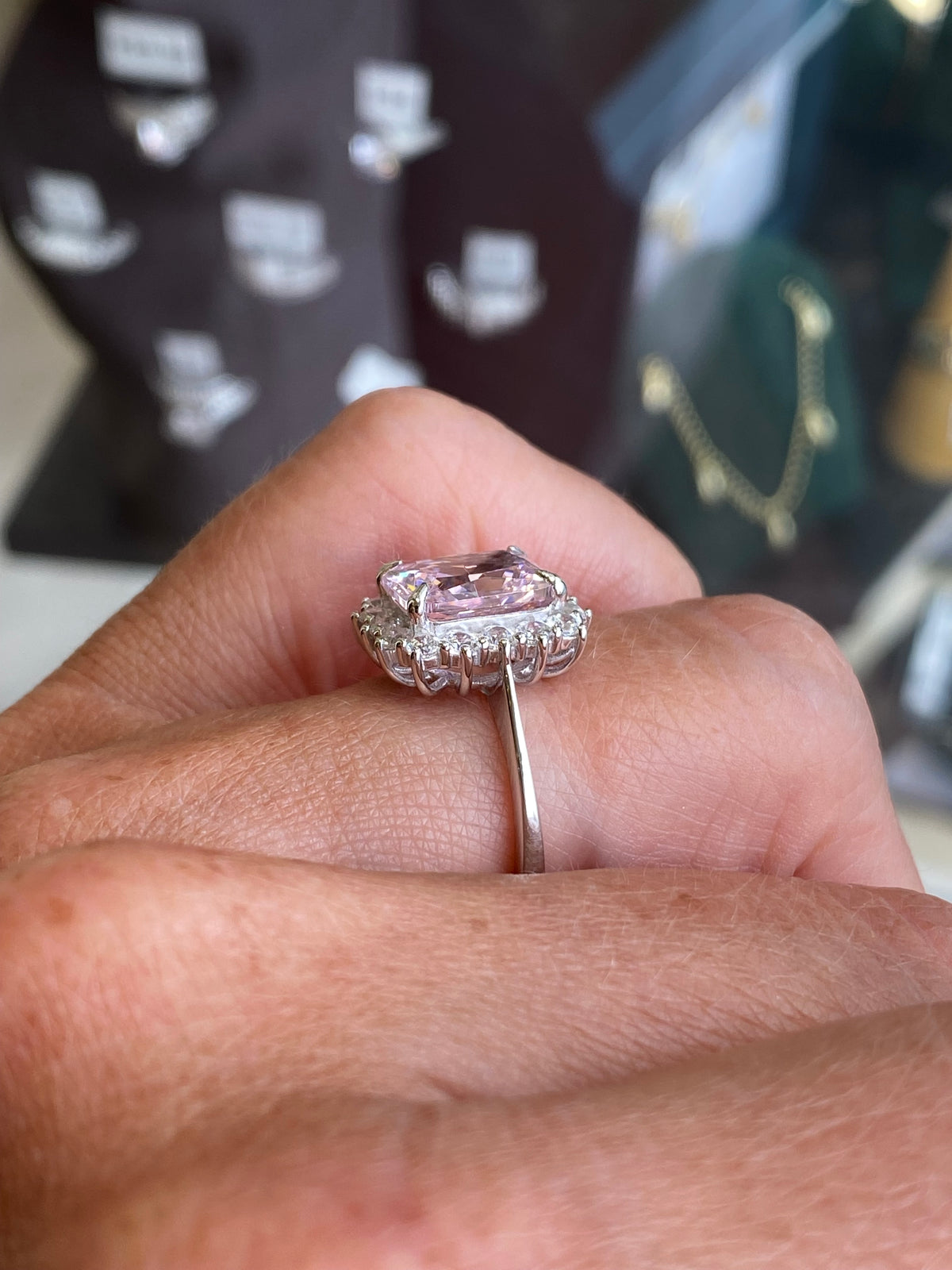 Silver Baby Pink CZ Emerald Cut Cluster Ring