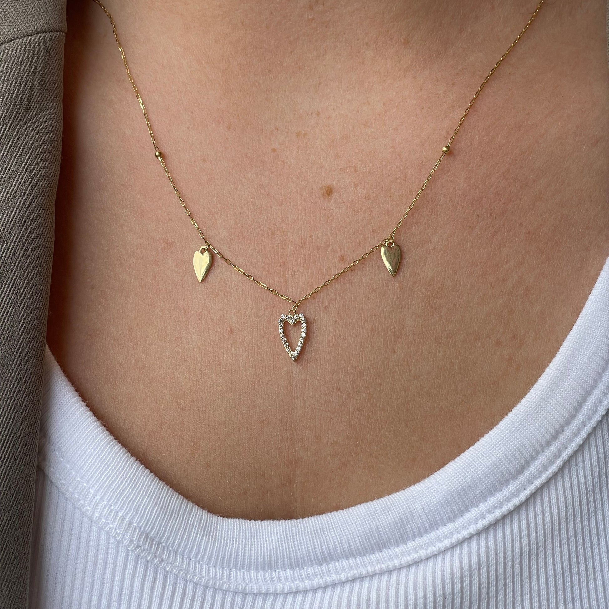 9ct Gold CZ Modern Heart Charm Necklace - John Ross Jewellers