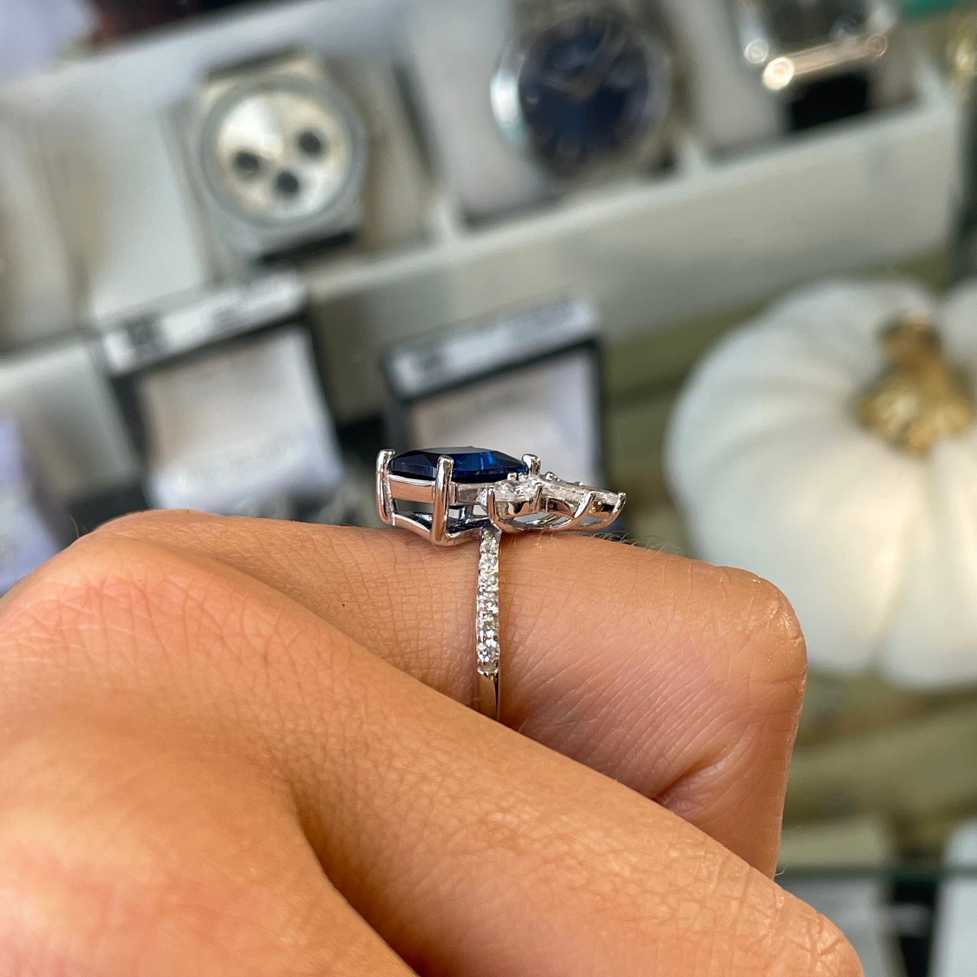 Silver Blue Baguette Tiara Ring - John Ross Jewellers