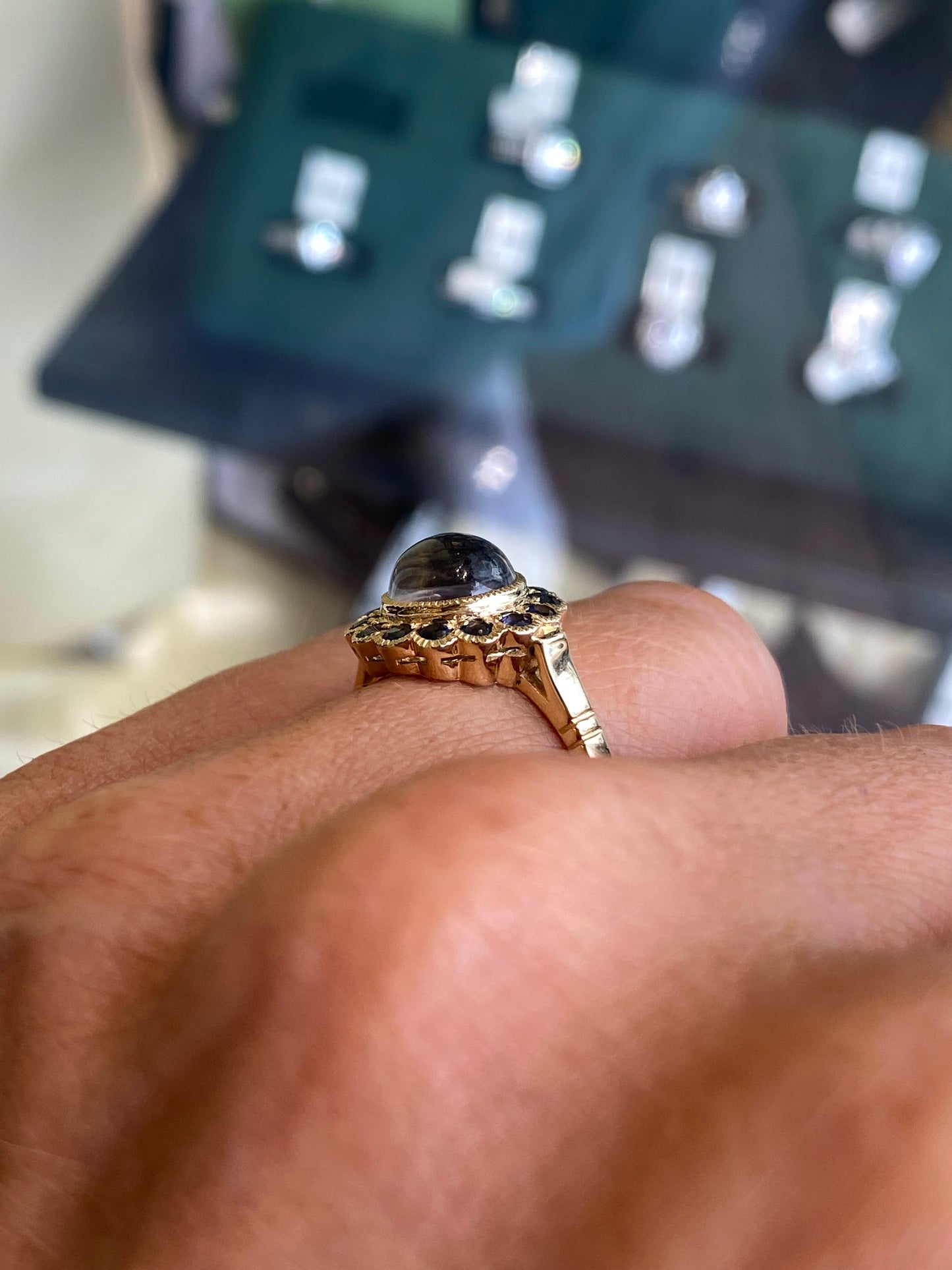 9ct Gold Rainbow Blue Moonstone & Sapphire Ring