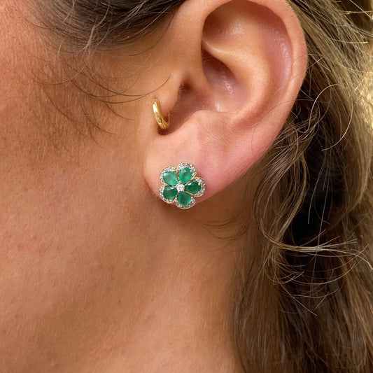 14ct Gold Emerald & Diamond Floral Stud Earrings