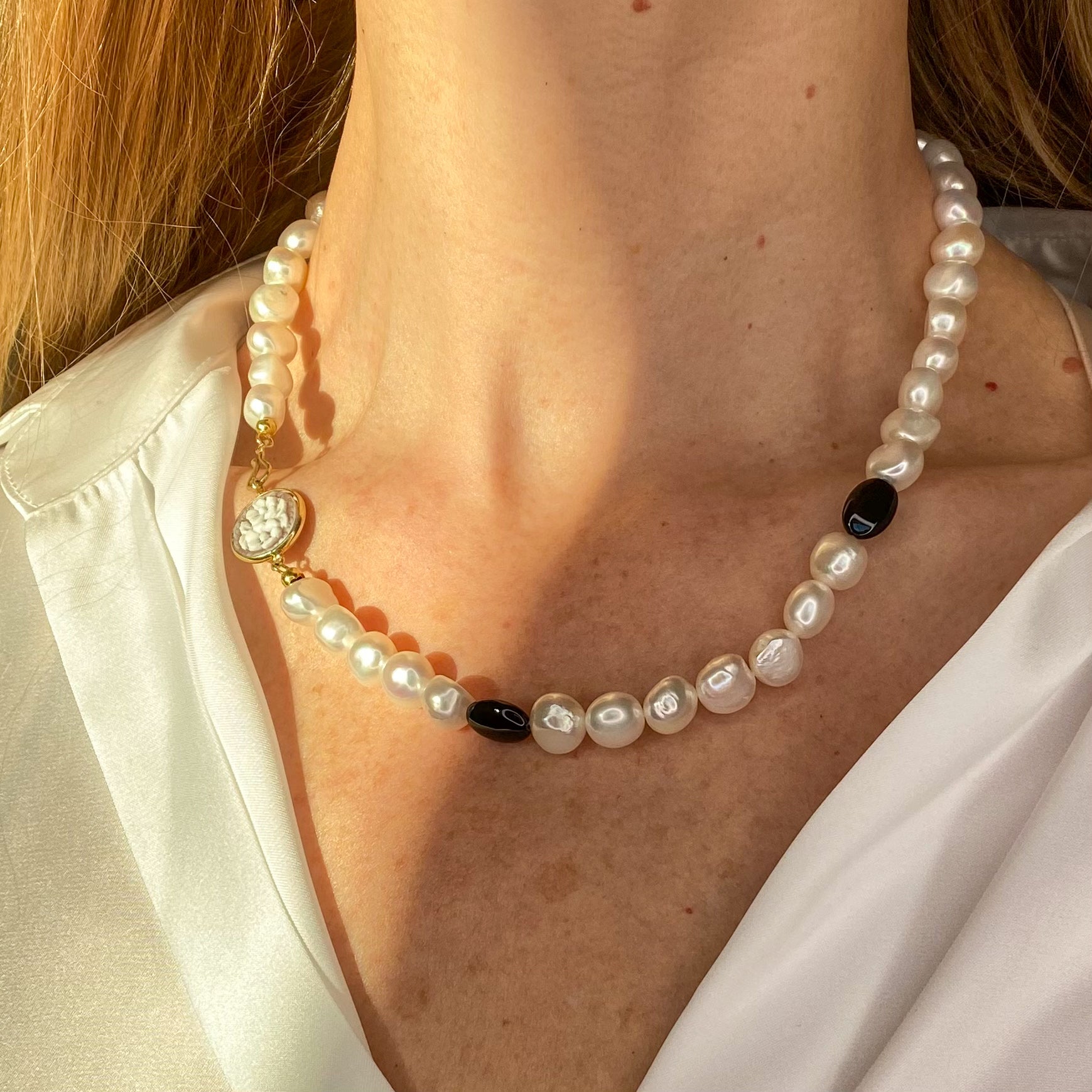 Floral Cameo Freshwater Pearl & Onyx Necklace |50cm - John Ross Jewellers