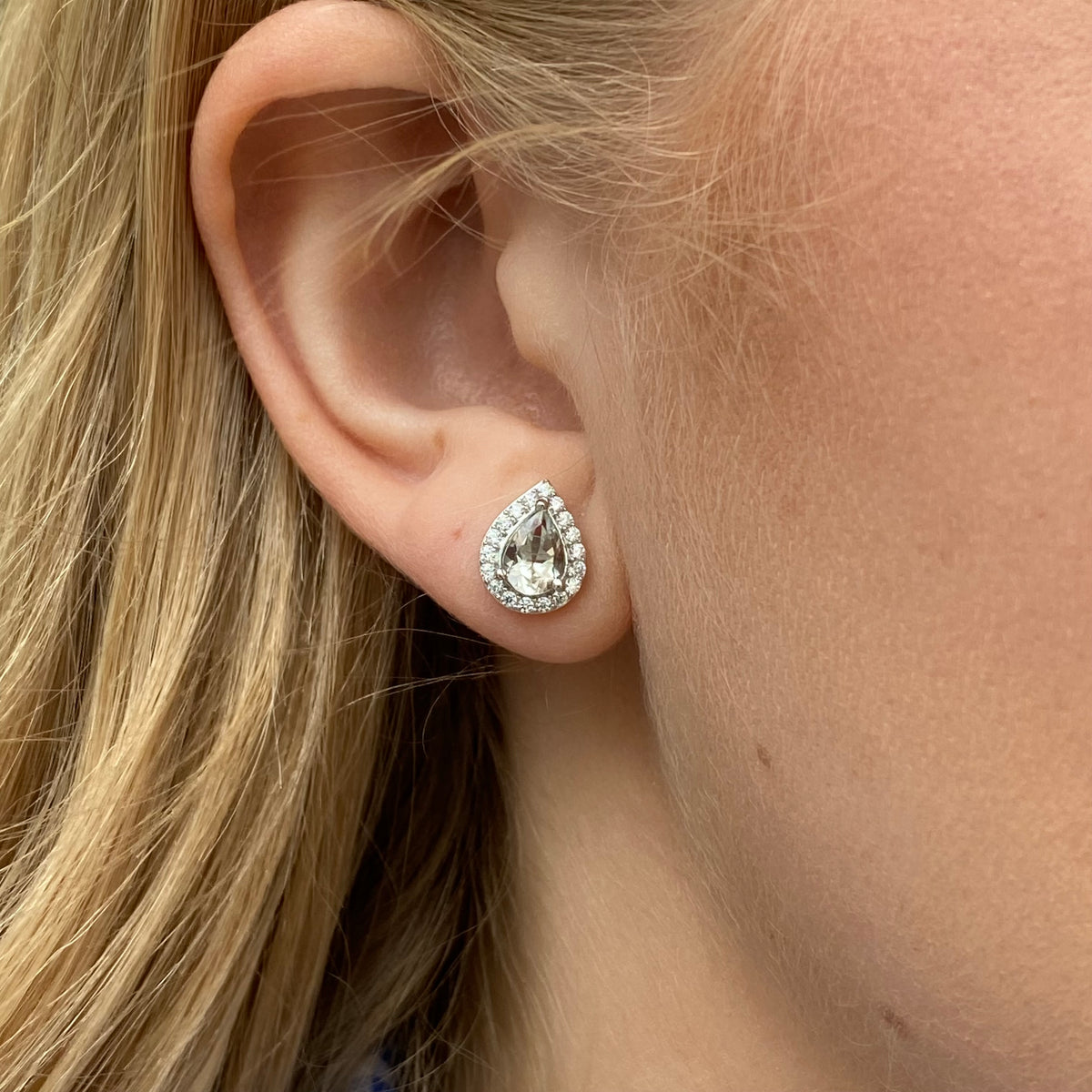 Silver Green Amethyst & CZ Pear Halo Stud Earrings