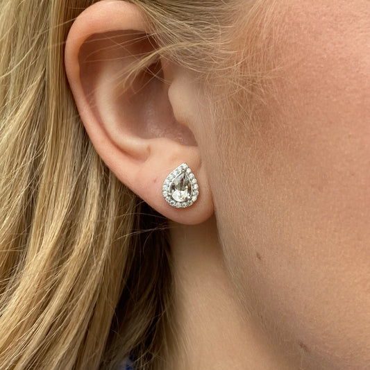 Silver Green Amethyst & CZ Pear Halo Stud Earrings