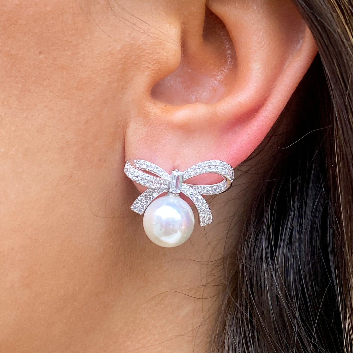Silver Pearl & CZ Bow Stud Earrings - John Ross Jewellers