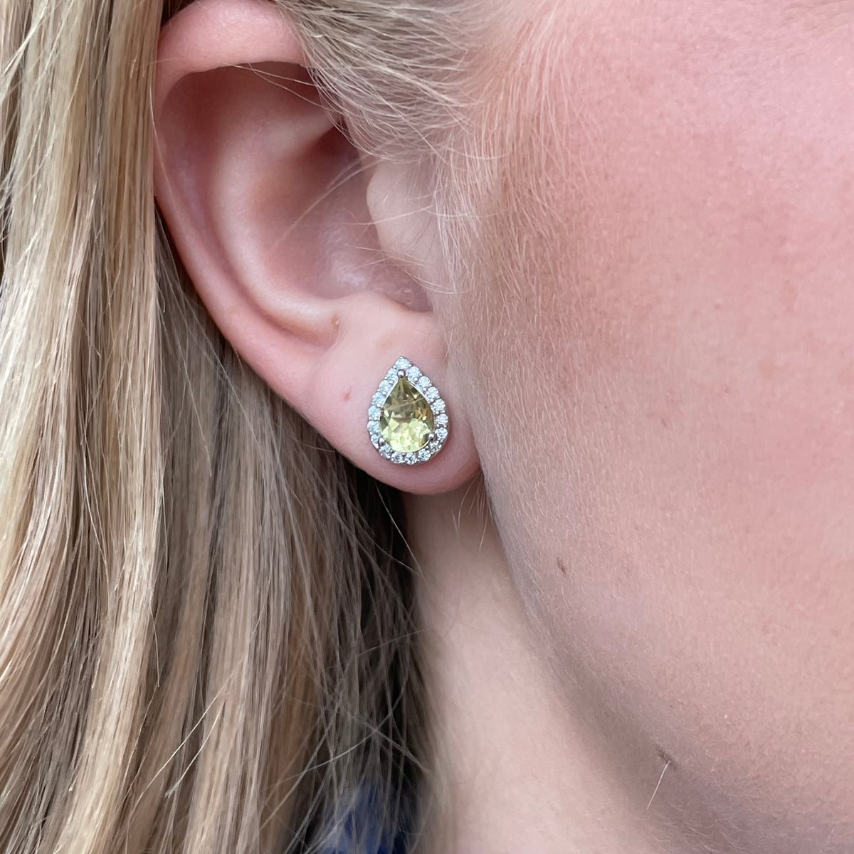 Silver Peridot & CZ Pear Halo Stud Earrings