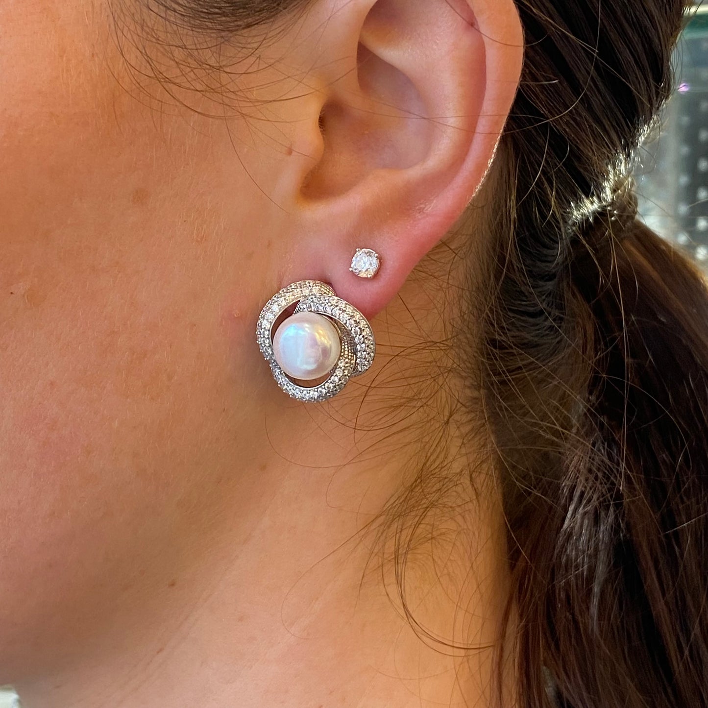 Silver 10mm Freshwater Pearl & CZ Swirl Stud Earrings - John Ross Jewellers