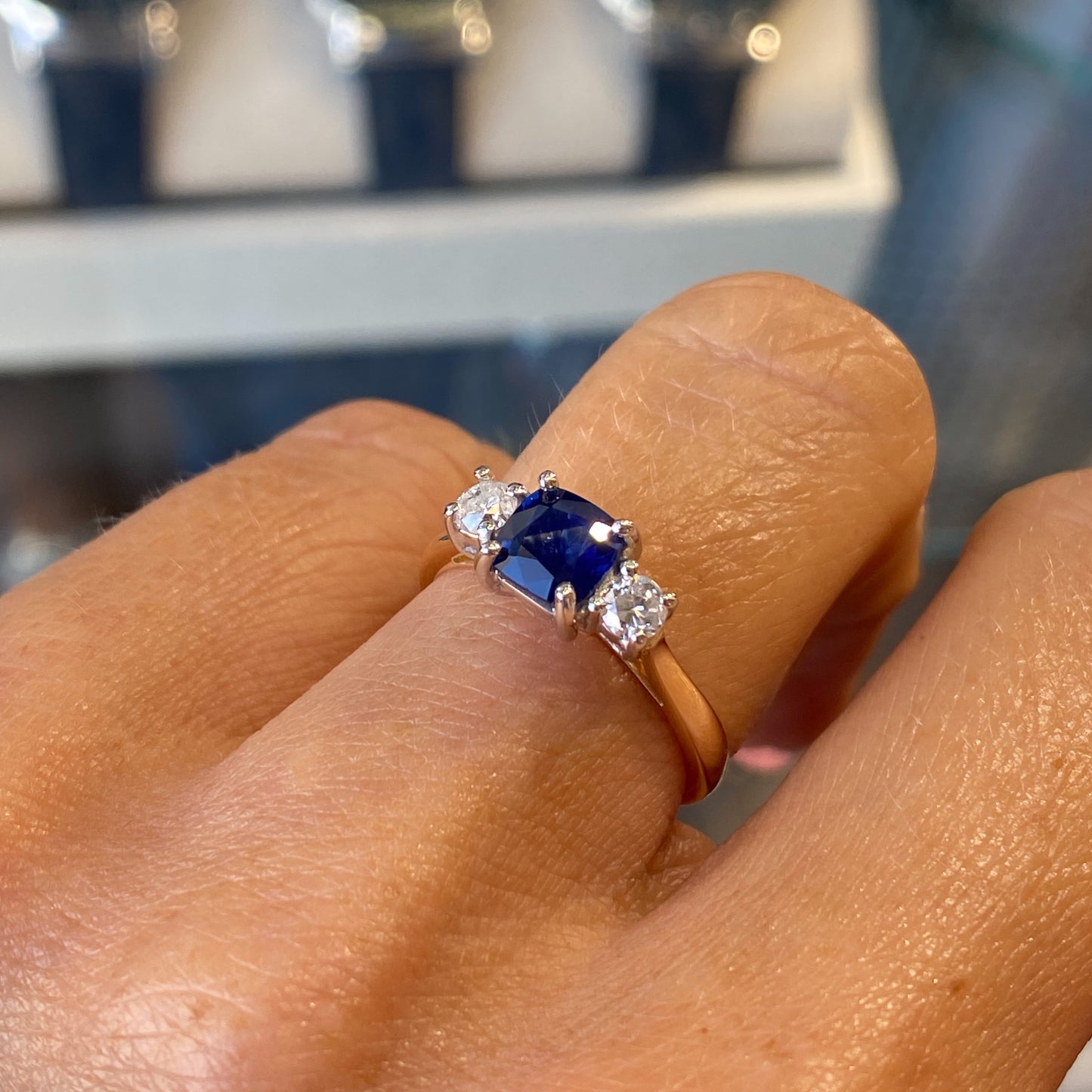 18ct Gold Cushion Sapphire & Diamond Engagement Ring | 1.09ct + 0.34ct - John Ross Jewellers