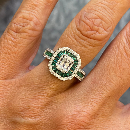 Silver Deco Dress Ring | Emerald Green