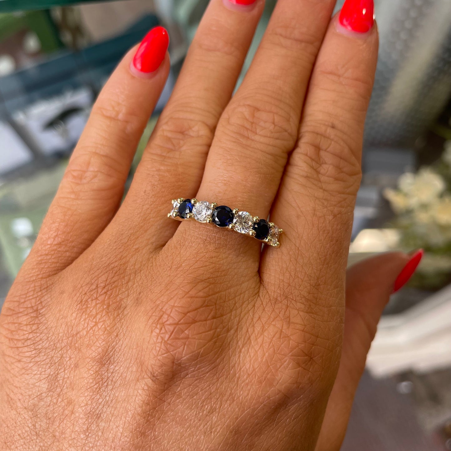 9ct Gold Blue & White CZ Seven Stone Eternity Ring