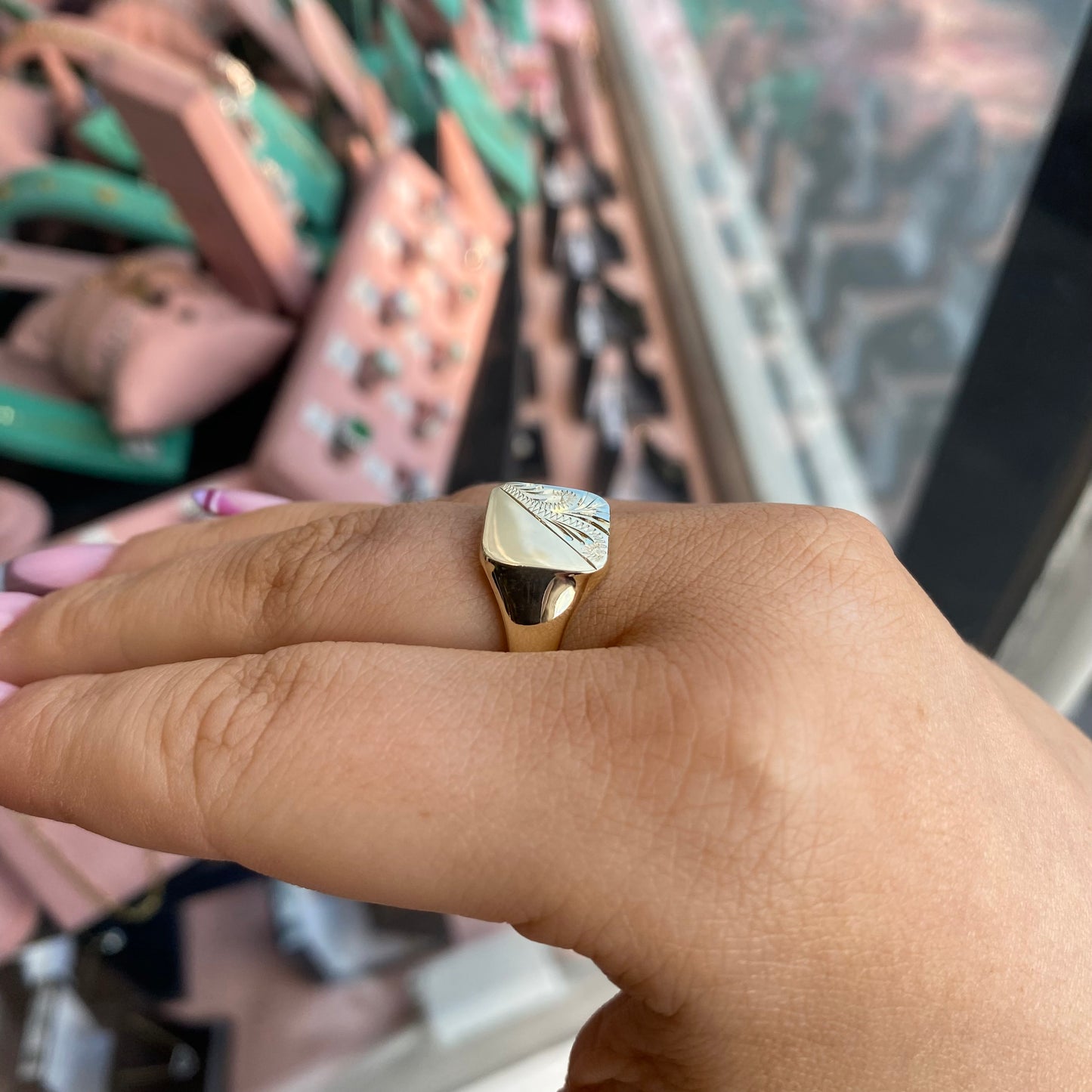 9ct gold engraved gents square signet ring with polished finish, featuring a bold, classic design by PJD.