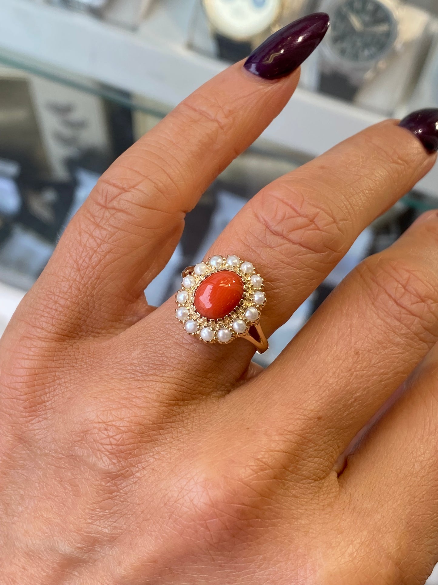 9ct Gold Coral & Pearl Oval Cluster Ring