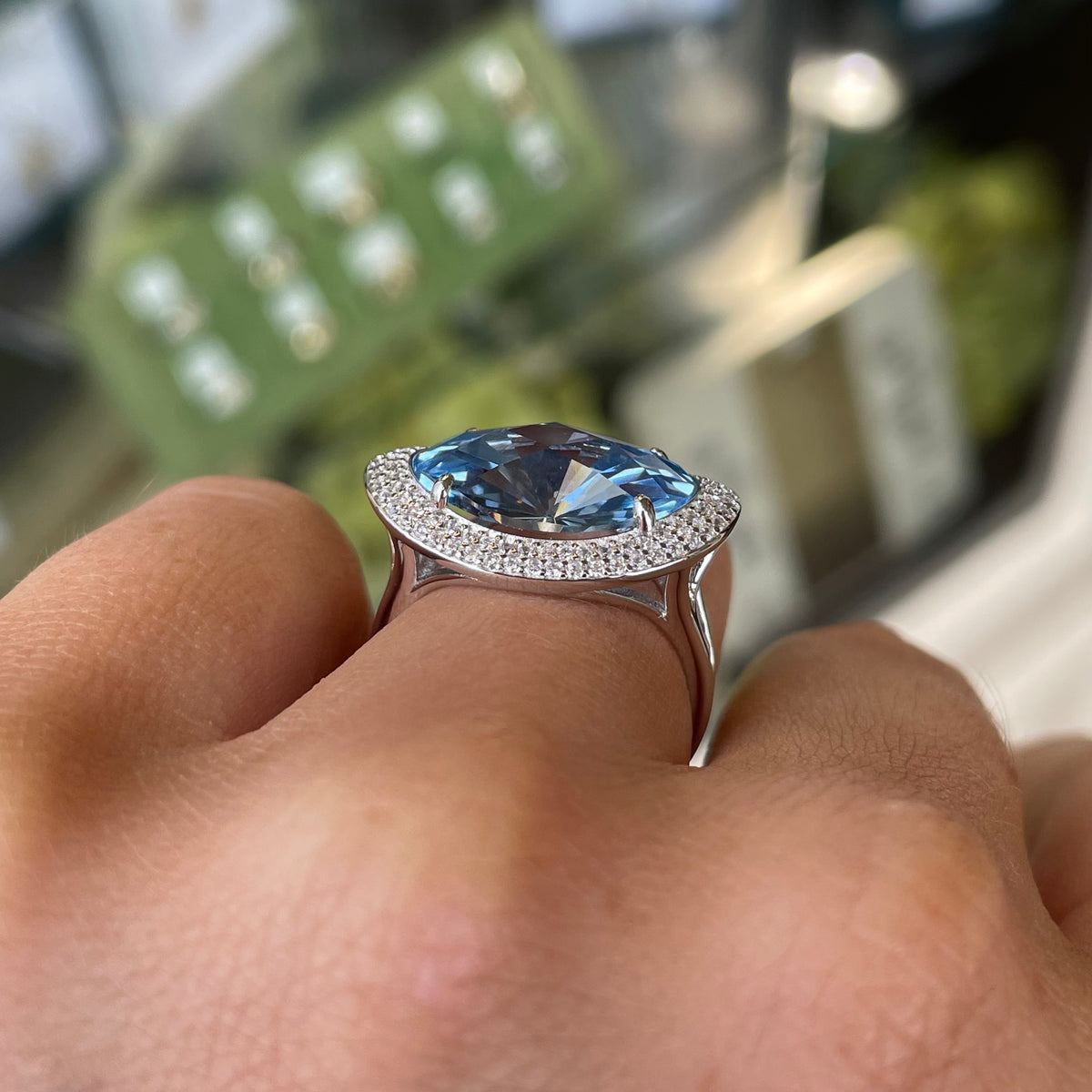 Silver Oval East West CZ Ring | Aqua Blue