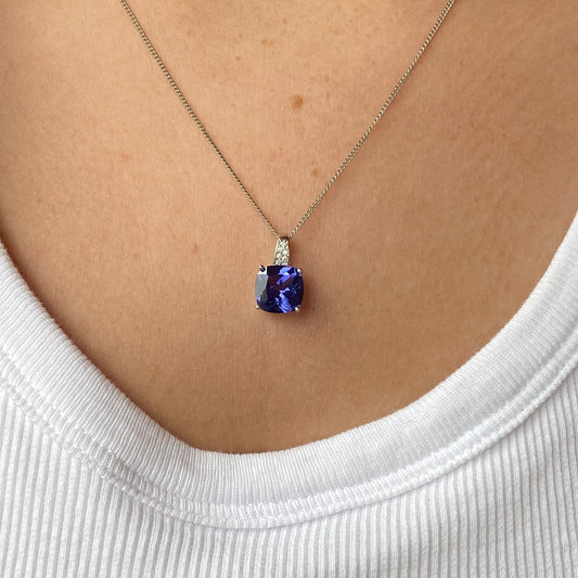 Silver 9mm Cushion CZ Necklace | Tanzanite Blue - John Ross Jewellers