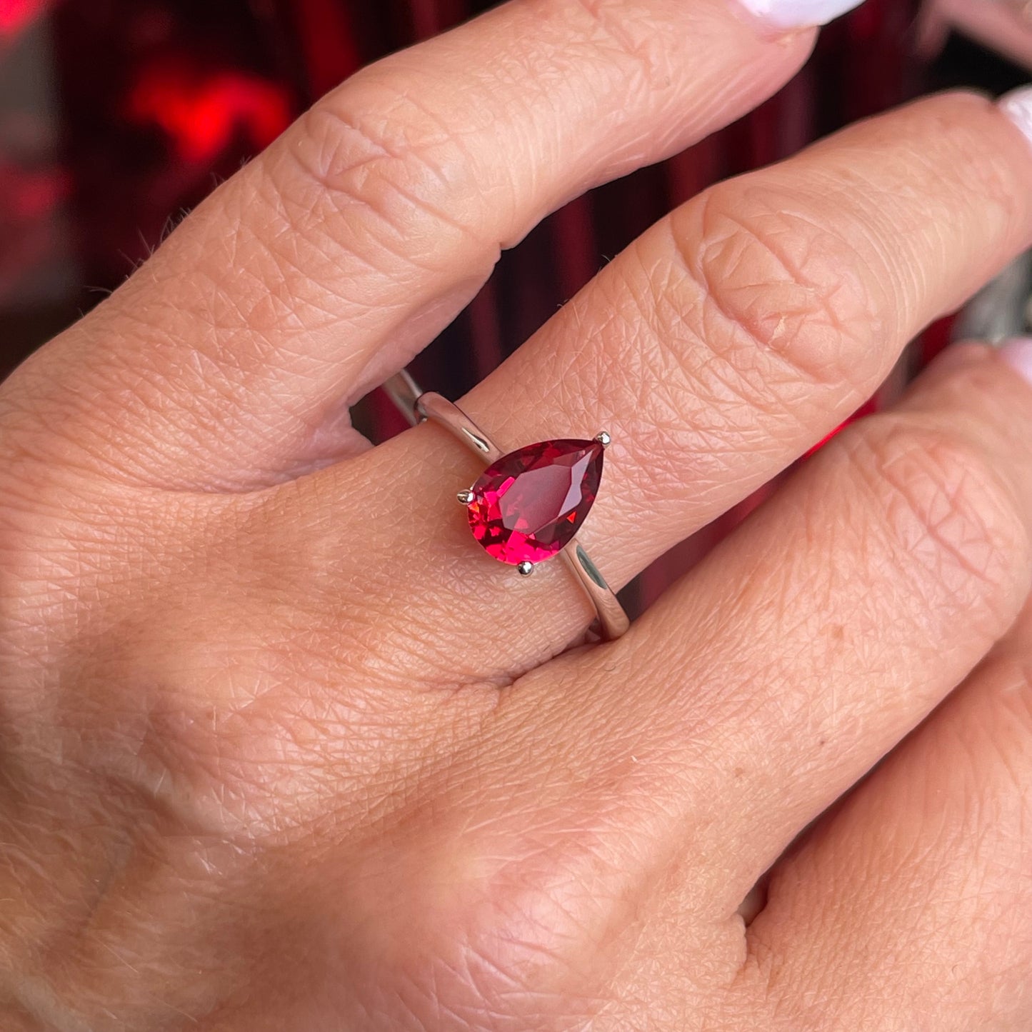 Silver Pear Solitaire Ring | Ruby Red