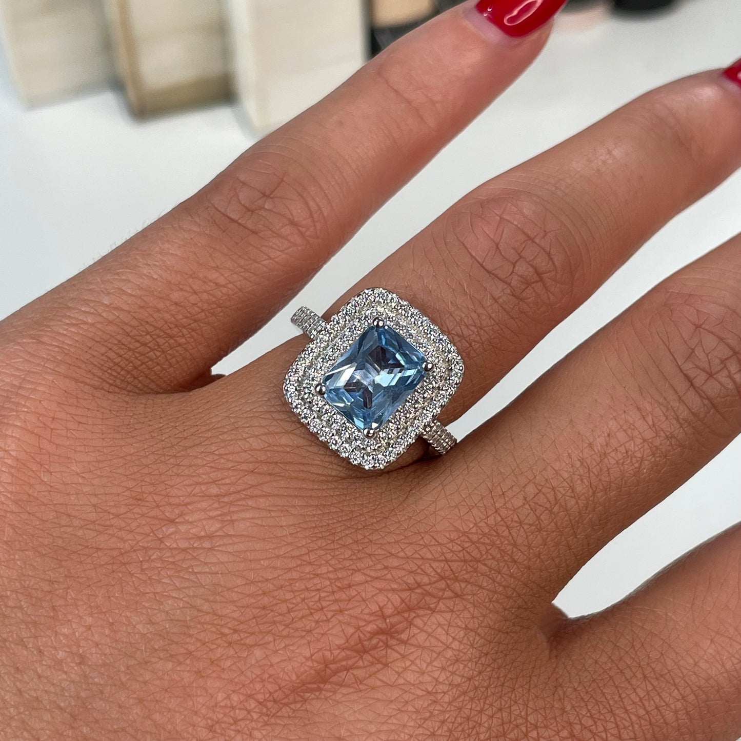 Silver Aqua Double Halo Statement Ring - John Ross Jewellers