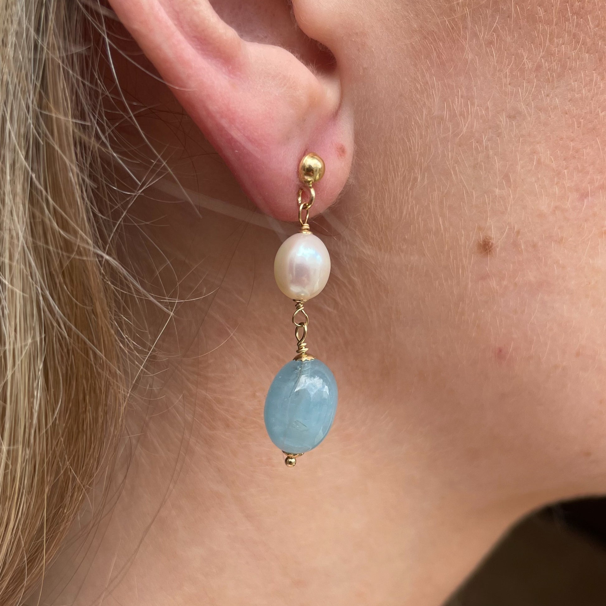18ct Gold Silky Aquamarine & Pearl Drop Earrings - John Ross Jewellers