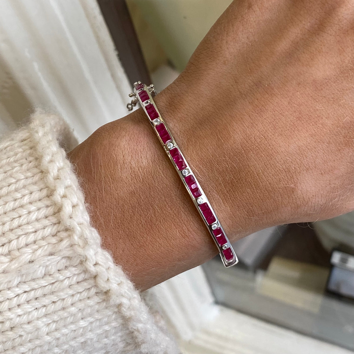 Silver CZ Bangle | Ruby Red + White