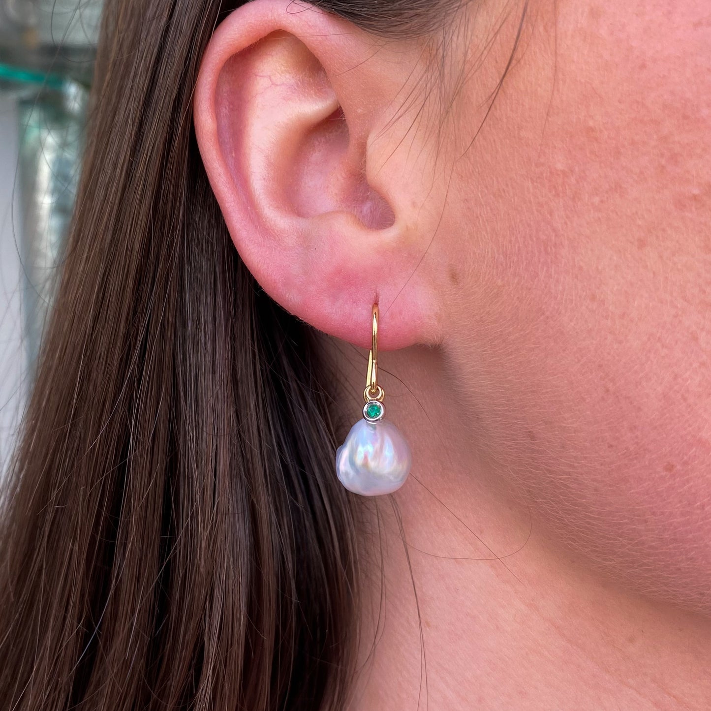 18ct Gold Meg Keshi Pearl & Emerald Drop Earrings - John Ross Jewellers