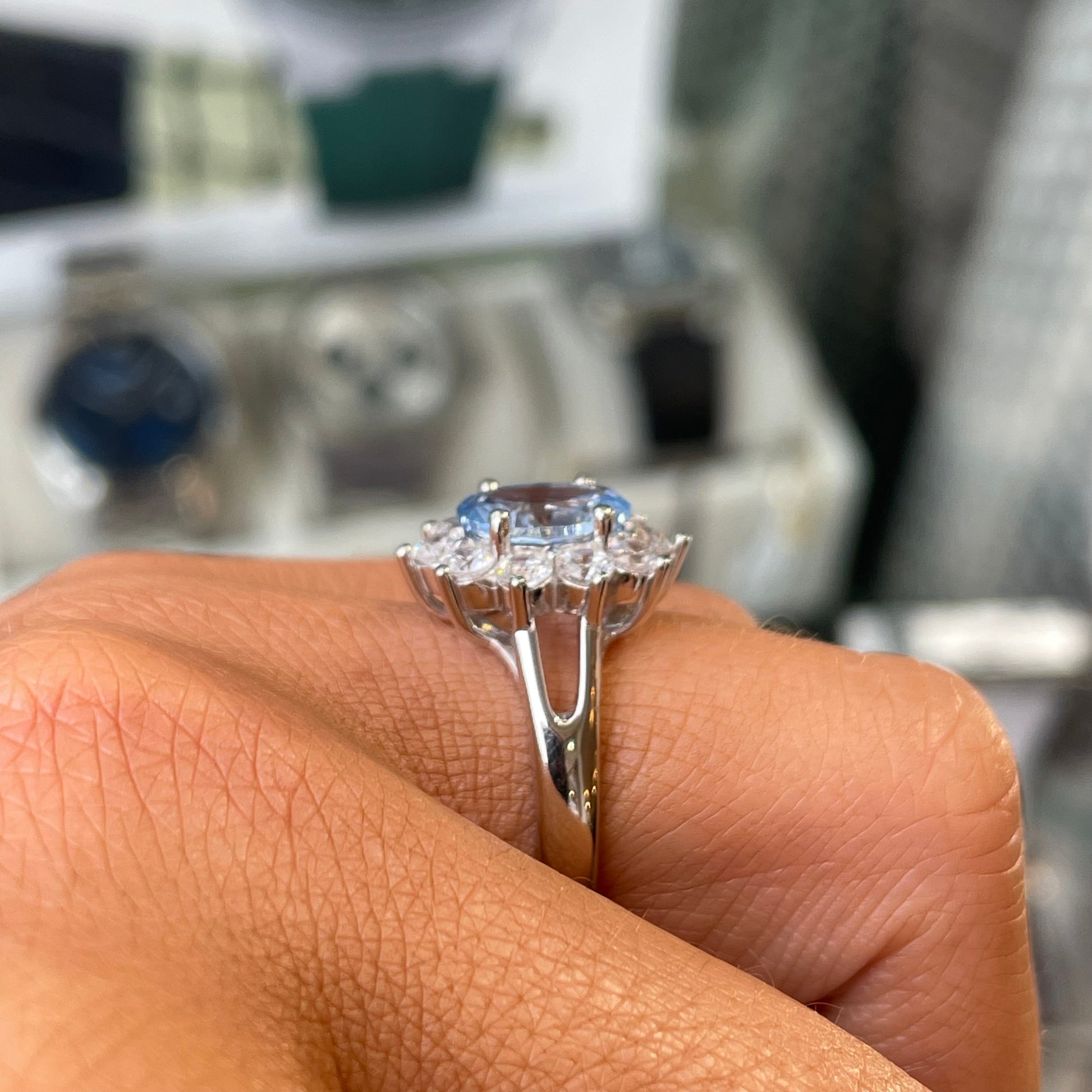 Silver Aqua Oval CZ Diana Ring - John Ross Jewellers