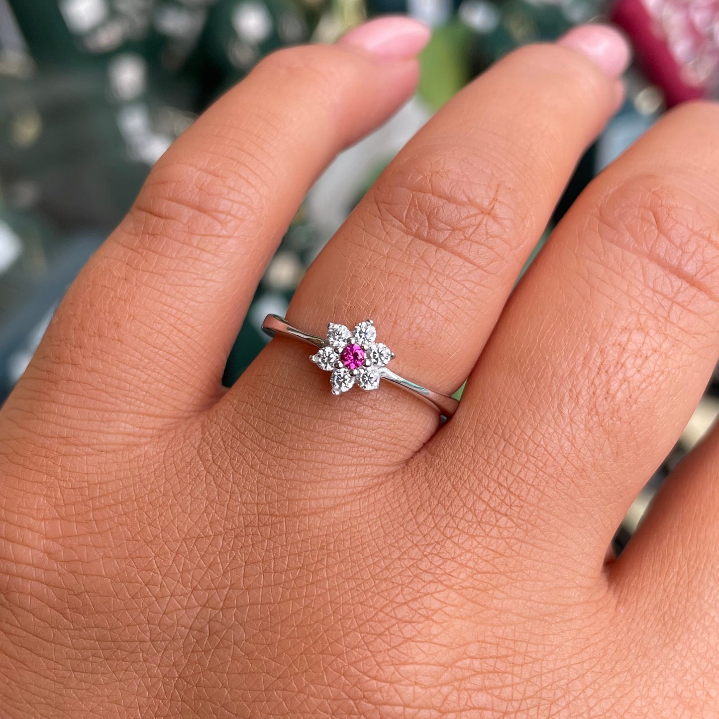 Silver Pretty CZ Flower Ring | Ruby Red