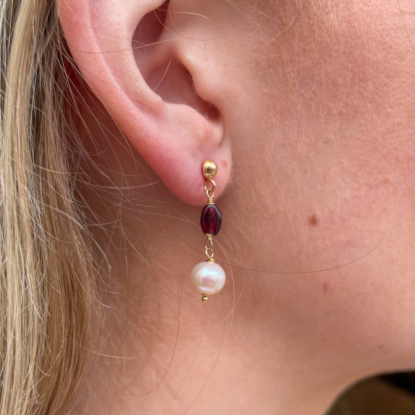 18ct Gold Silky Garnet & Pearl Drop Earrings - John Ross Jewellers