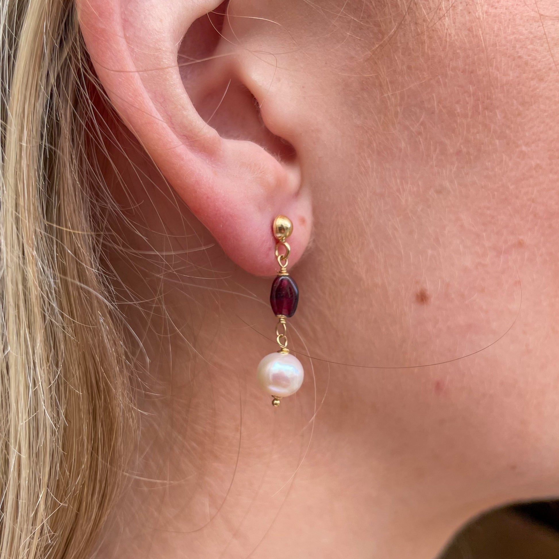 18ct Gold Silky Garnet & Pearl Drop Earrings - John Ross Jewellers