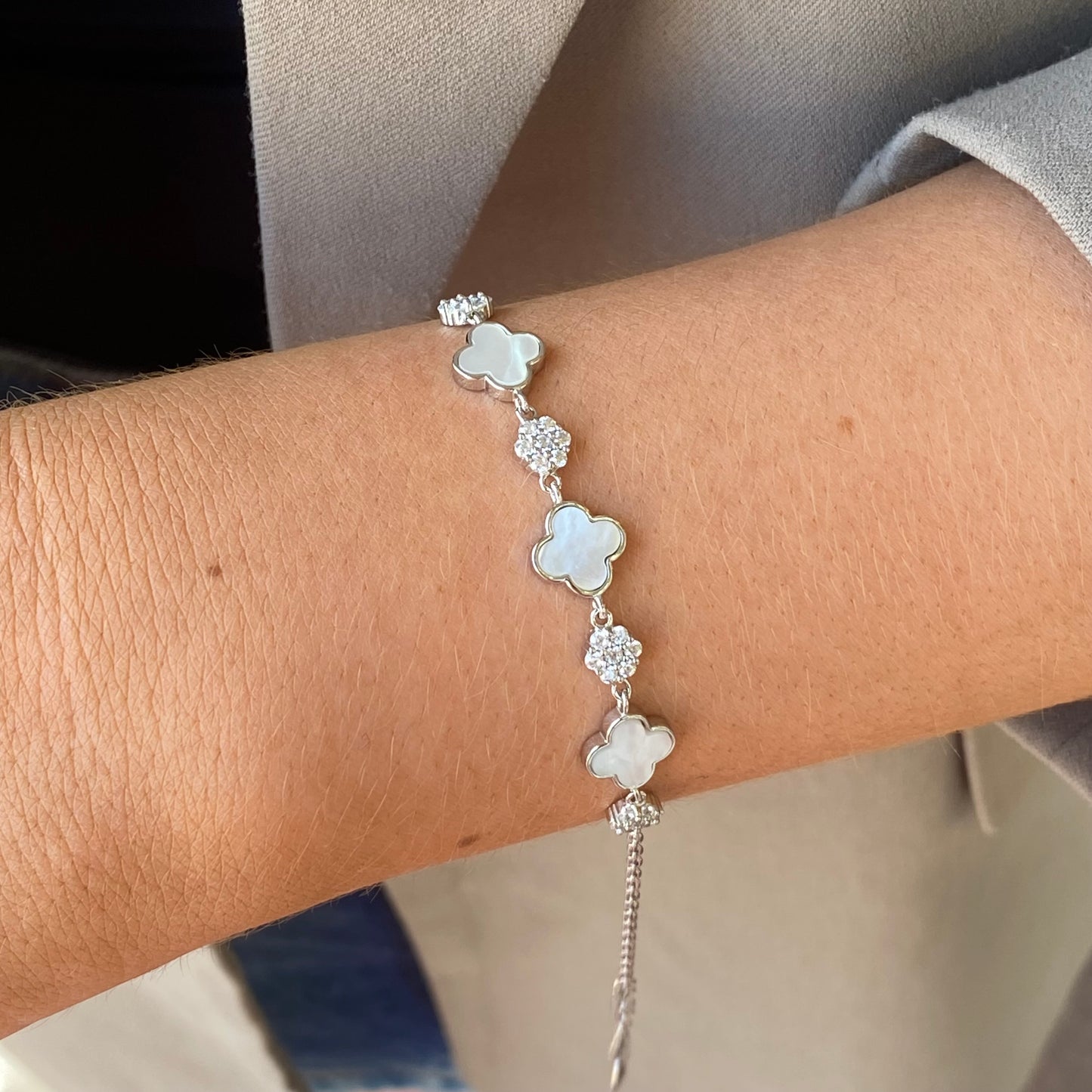 Silver CZ Bracelet | Mother of Pearl Quatrefoil