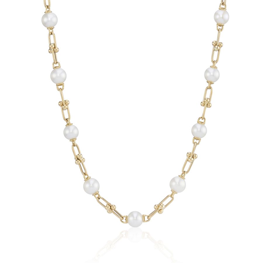9ct gold freshwater pearl fancy link necklace by Mark Milton featuring elegant cultured pearls on a delicate gold chain