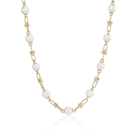 9ct gold freshwater pearl fancy link necklace by Mark Milton featuring elegant cultured pearls on a delicate gold chain
