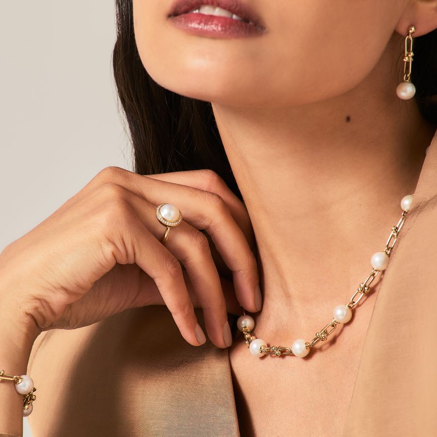 9ct Gold Cultured Freshwater Pearl Fancy Link Bracelet
