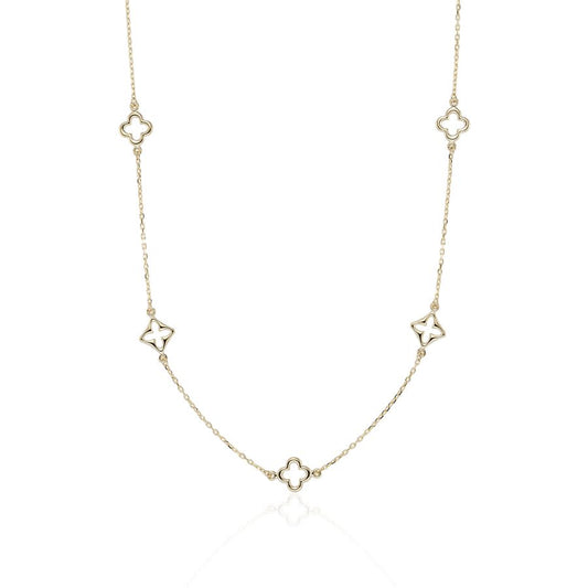 9ct gold quatrefoil necklace by Mark Milton featuring a delicate design and polished finish, close-up of the jewelry on a white background.