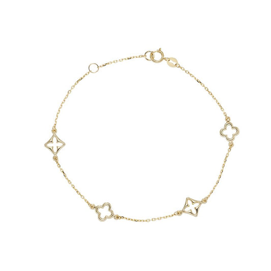 9ct gold quatrefoil bracelet by Mark Milton, close-up of elegant gold links with intricate quatrefoil design.
