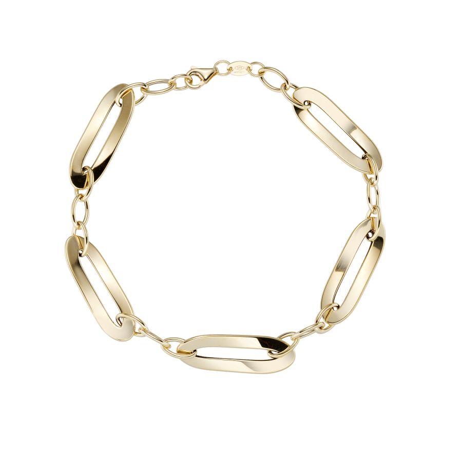 9ct gold paperlink Figaro bracelet by Mark Milton, showing a close-up of the elegant chain with polished links.