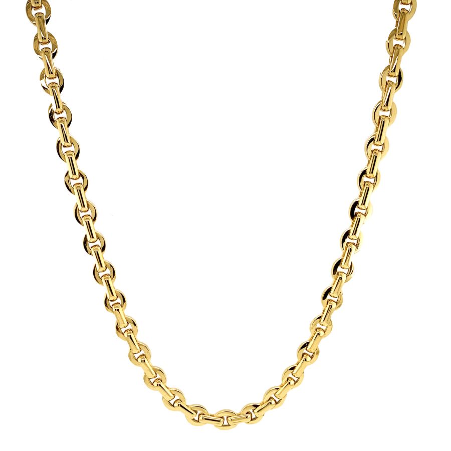 Close-up of a 9ct gold chunky contemporary link necklace by Mark Milton, showing its bold, modern chain design.